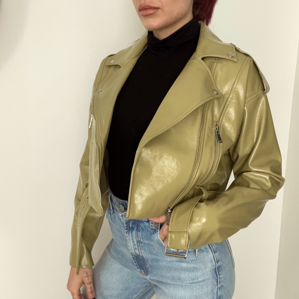 Patent leather, cropped, Moto jacket, sage green